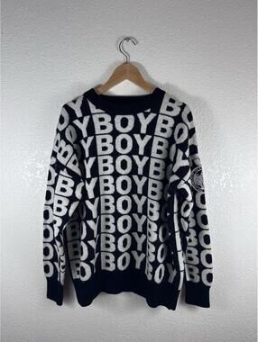 Boy London All Over Logo Knit Sweater Mens Large Black White Graphic Crewneck